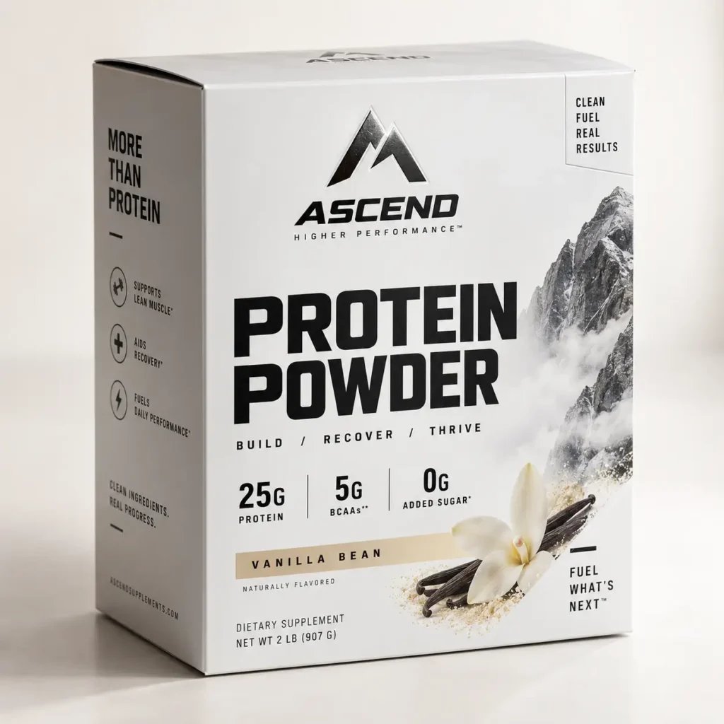 Ascend Higher Performance Vanilla Bean Protein Powder 2lb white box with mountain graphic, 25g protein, 0g sugar
