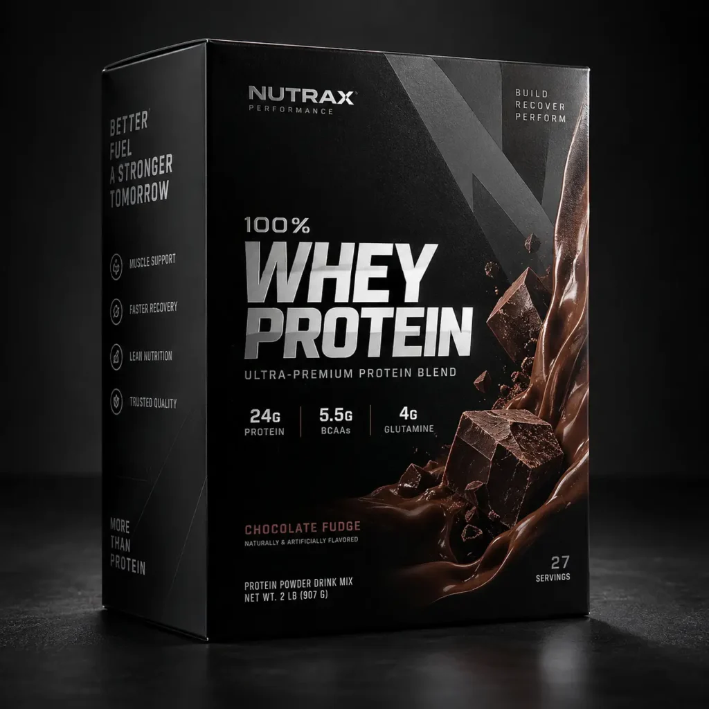 Nutrax Performance 100% Whey Protein chocolate fudge supplement box, black matte packaging, 24g protein, 27 servings, chocolate splash design