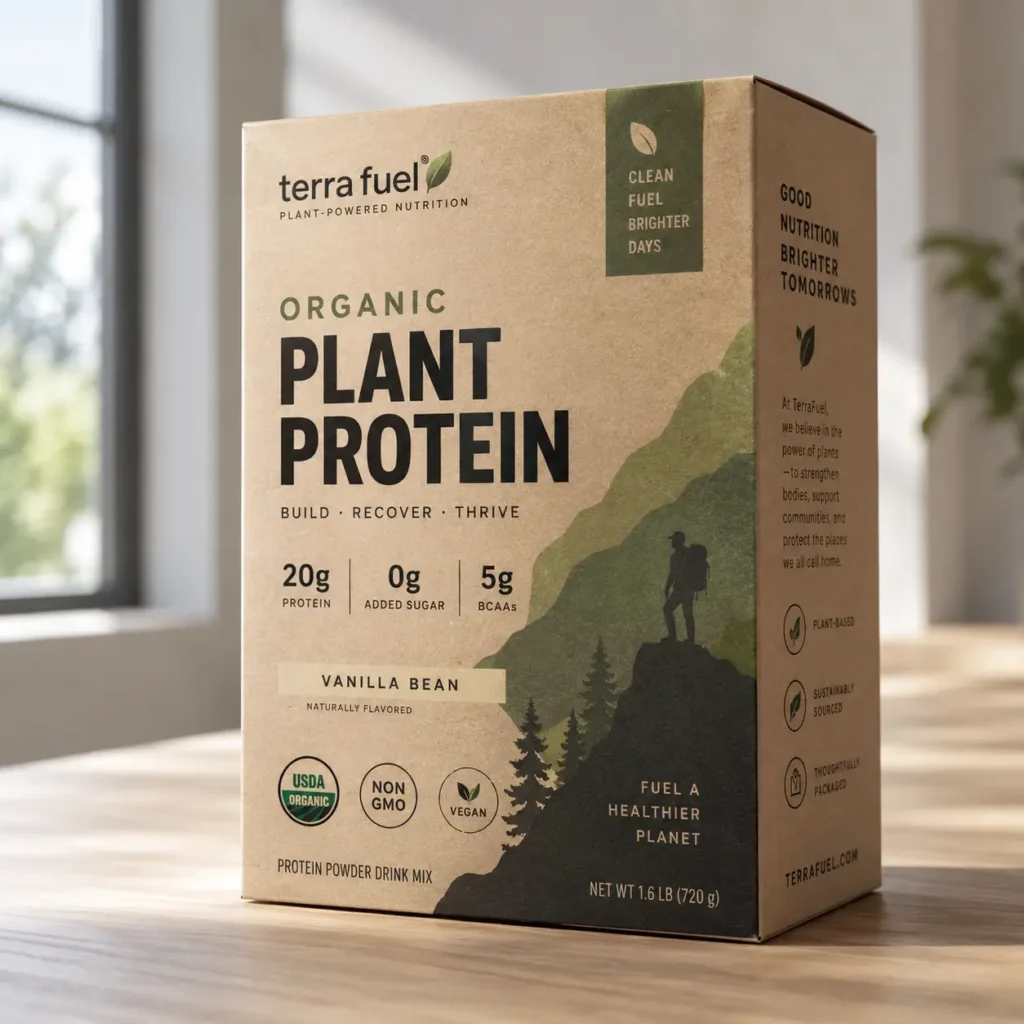 Terra Fuel organic plant protein powder vanilla bean box, kraft brown eco packaging, 20g protein, USDA organic, vegan, natural branding