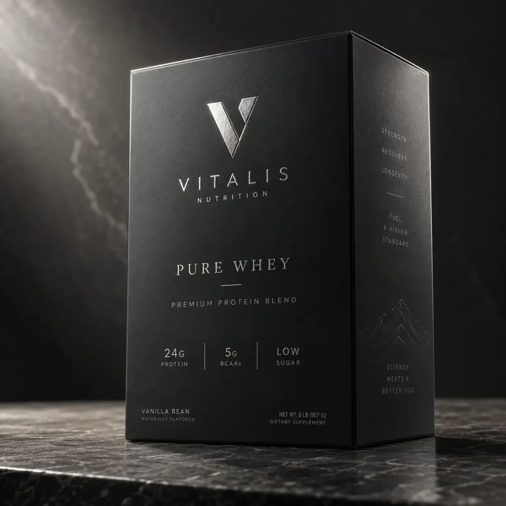 Black luxury protein powder box Vitalis Nutrition Pure Whey premium packaging with silver foil branding on marble surface
