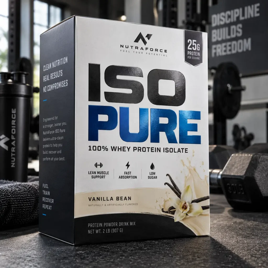 NutraForce IsoPure Vanilla Bean whey protein isolate box in gym setting with dumbbells, black shaker bottle, 25g protein per serving