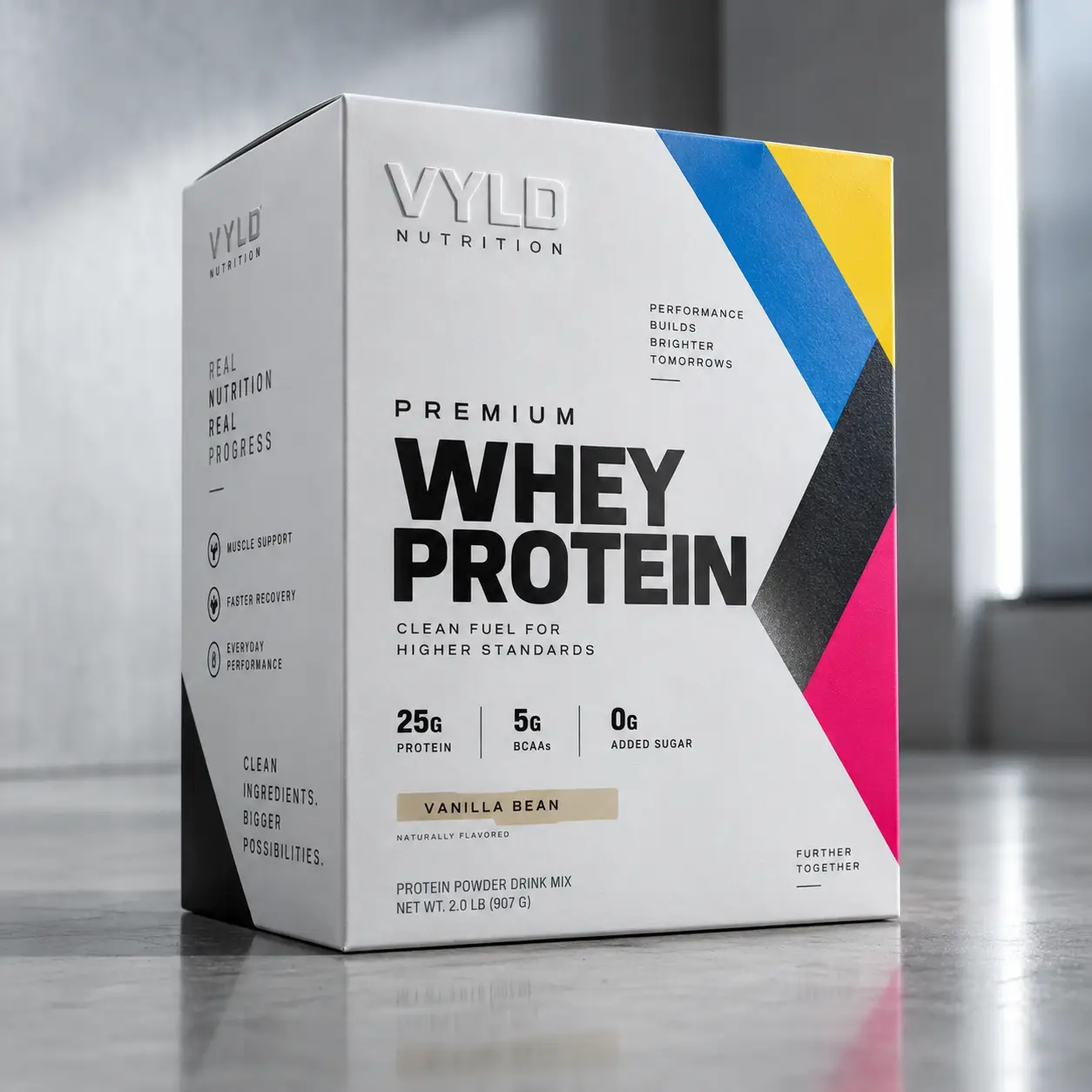 VYLD Nutrition premium whey protein vanilla bean 2lb white box with bold black text and colorful geometric design on marble surface
