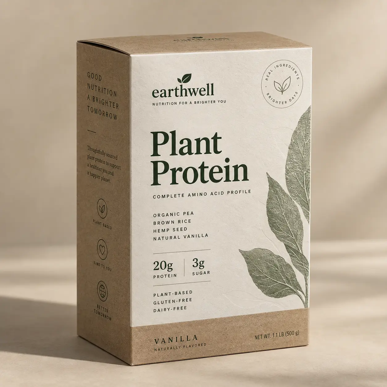 Earthwell vanilla plant protein powder box, kraft brown eco-friendly packaging, 20g protein, gluten-free, dairy-free, neutral beige background