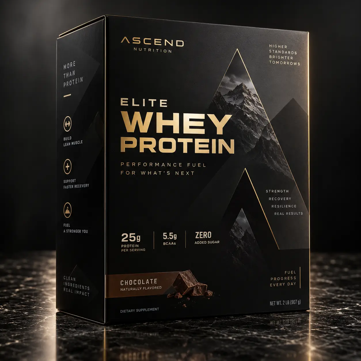 Black luxury whey protein box with gold typography, mountain graphic, chocolate flavor, 25g protein, premium supplement packaging design