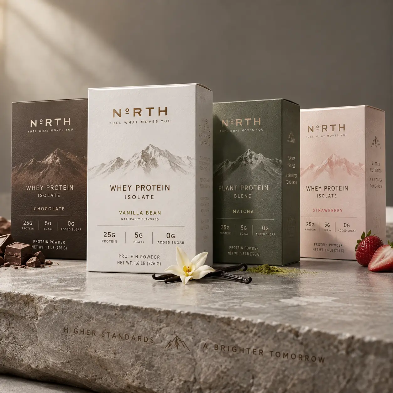 North protein powder lineup: chocolate, vanilla bean, plant matcha, strawberry whey isolate boxes on stone surface, elegant packaging design