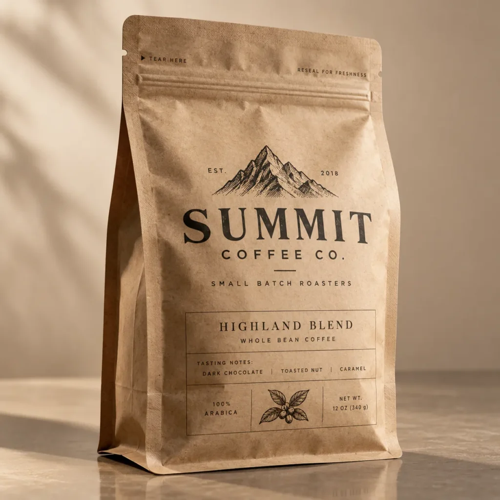 Kraft paper coffee bag packaging design for Summit Coffee Co. Highland Blend, small batch roasters, mountain logo, 12oz whole bean