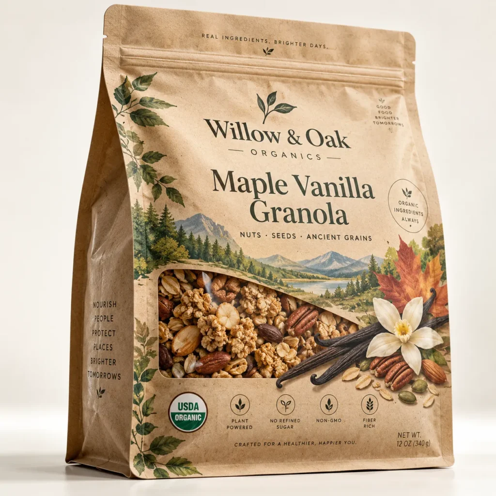 Willow & Oak Organics Maple Vanilla Granola kraft bag with USDA Organic seal, nuts, seeds, vanilla beans, autumn forest scene