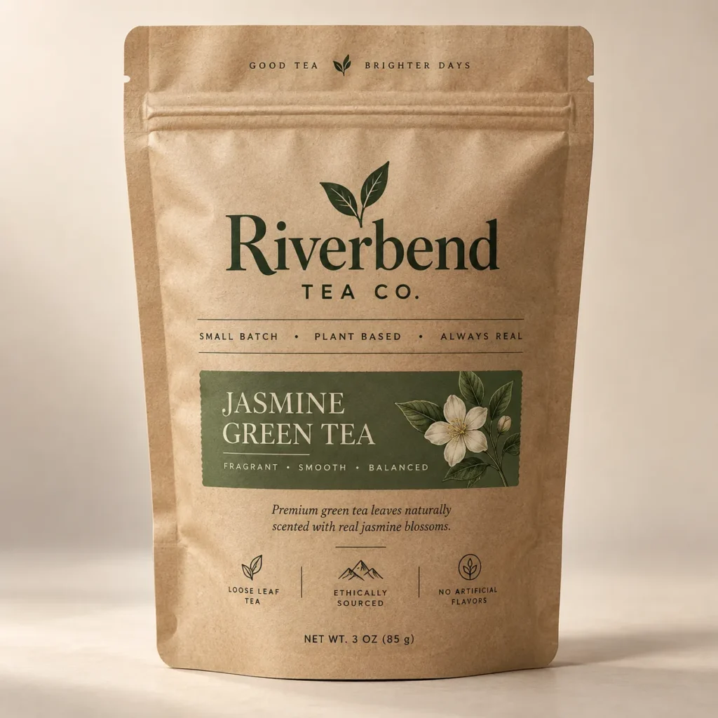 Riverbend Tea Co. jasmine green tea kraft brown resealable pouch packaging, loose leaf, 3oz, natural earthy design with green botanical label