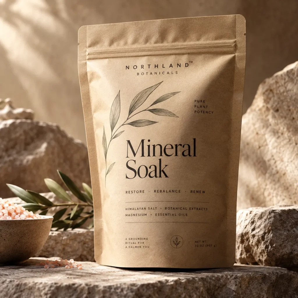 Northland Botanicals Mineral Soak kraft pouch with botanical illustration, Himalayan salt bowl, stones, warm earthy tones