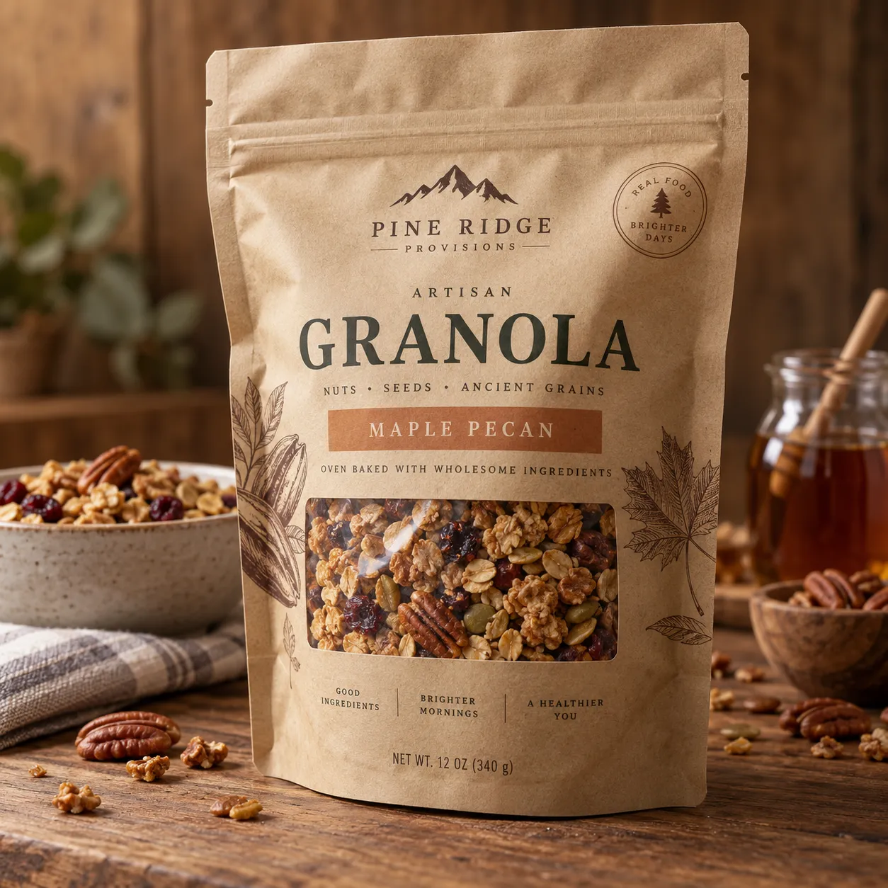 Pine Ridge Provisions Maple Pecan Artisan Granola kraft bag on rustic wood table with honey jar, pecans, and granola bowl