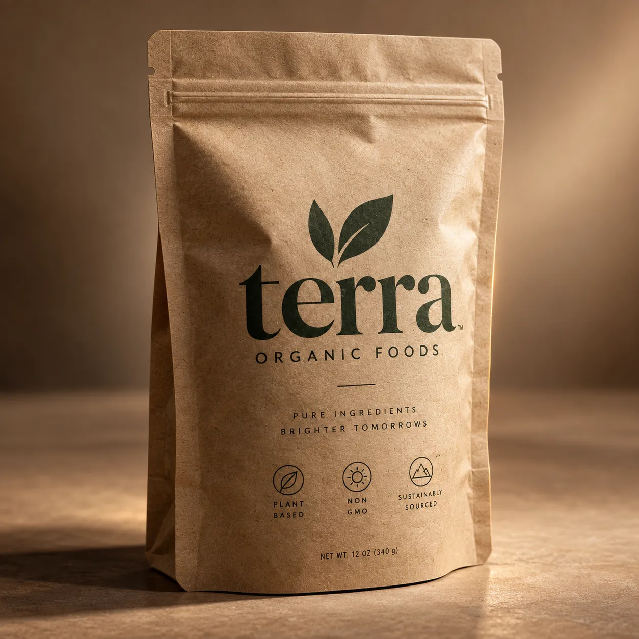 Kraft paper stand-up pouch for Terra Organic Foods, plant-based non-GMO branding, warm brown tones, minimalist sustainable packaging design