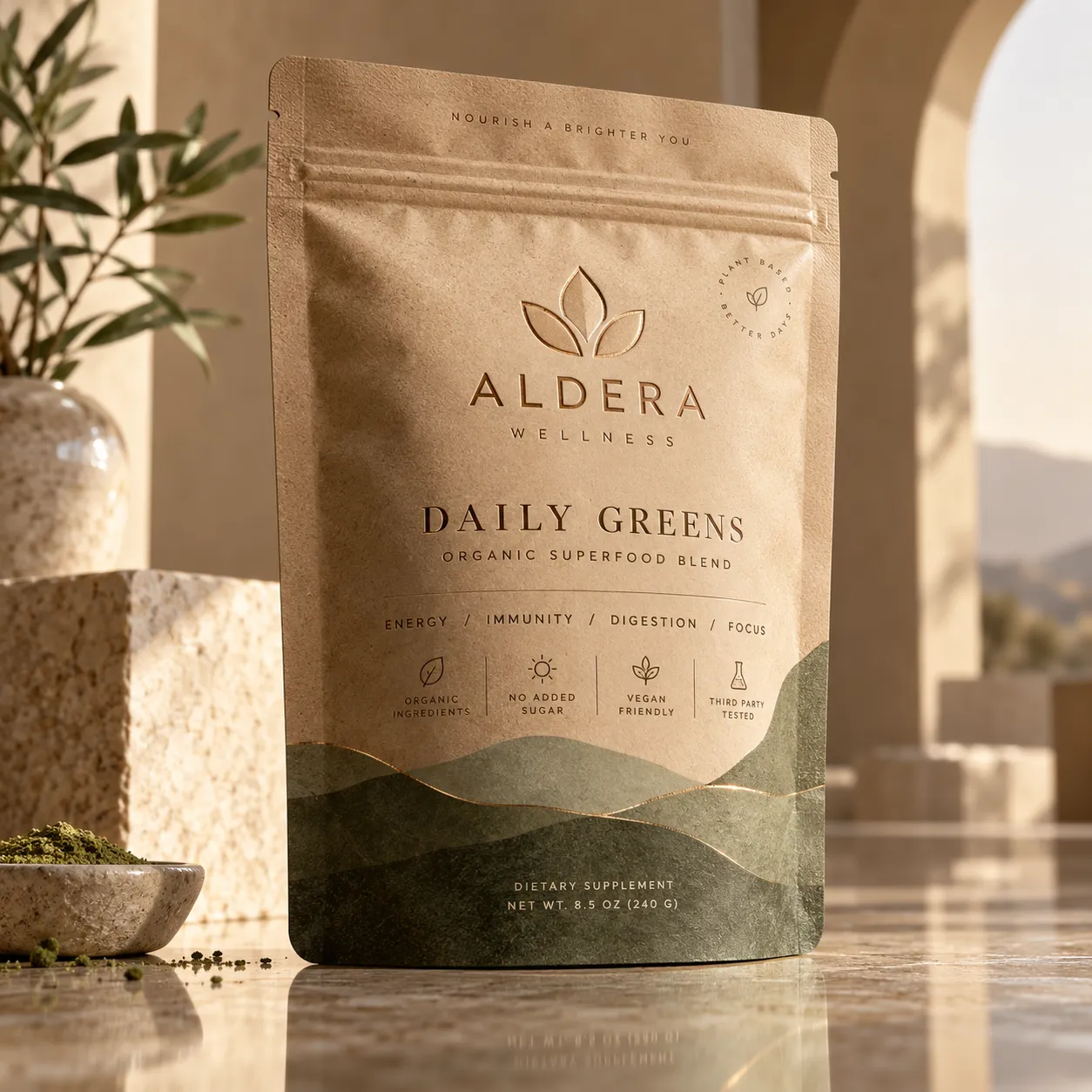 Aldera Wellness Daily Greens organic superfood blend kraft pouch with sage green wave design on marble surface in warm Mediterranean setting