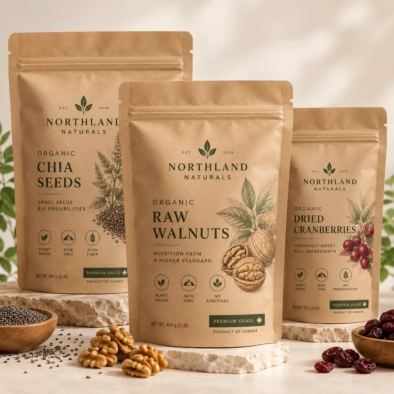 Three kraft brown Northland Naturals organic product bags: Chia Seeds, Raw Walnuts, Dried Cranberries, premium eco-friendly food packaging design