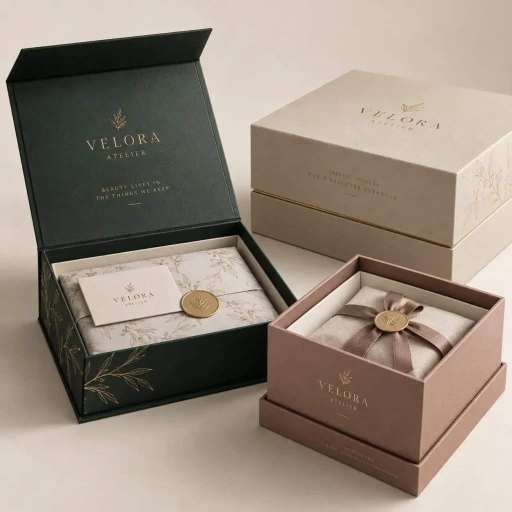 Velora Atelier luxury gift boxes in forest green, cream, and blush pink with gold foil botanical designs and wax seals