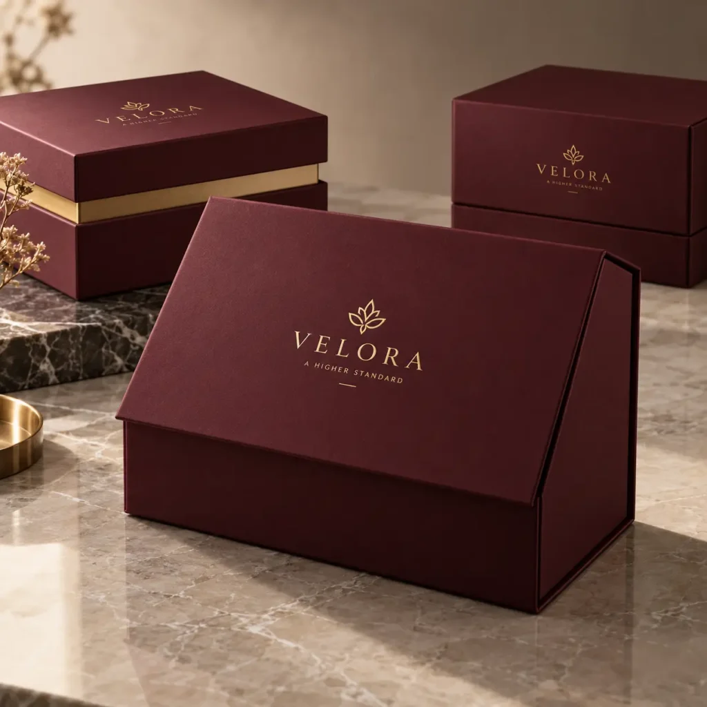 Luxury burgundy Velora gift boxes with gold foil branding on marble surface, premium rigid packaging design by The Packaging Masters
