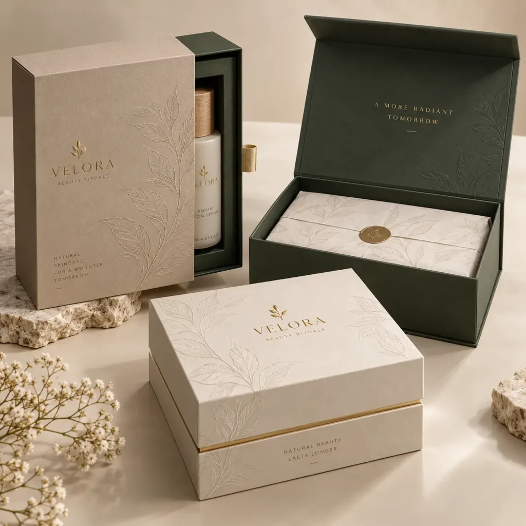 Velora Beauty Rituals luxury skincare packaging in sage green and cream with gold botanical embossed details and tissue-wrapped gift box