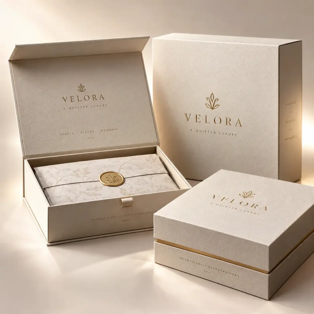 Velora luxury gift boxes in cream and gold, magnetic closure packaging with wax seal, elegant unboxing experience design