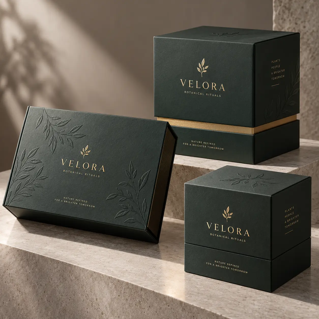 Dark green gold foil Velora Botanical Rituals luxury packaging boxes with embossed botanical leaf design on marble surface