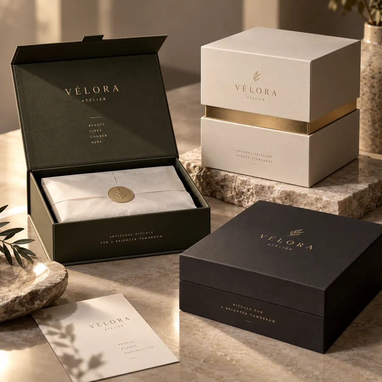 Luxury Vélora Atelier skincare gift boxes in matte black and ivory with gold foil branding on marble surface