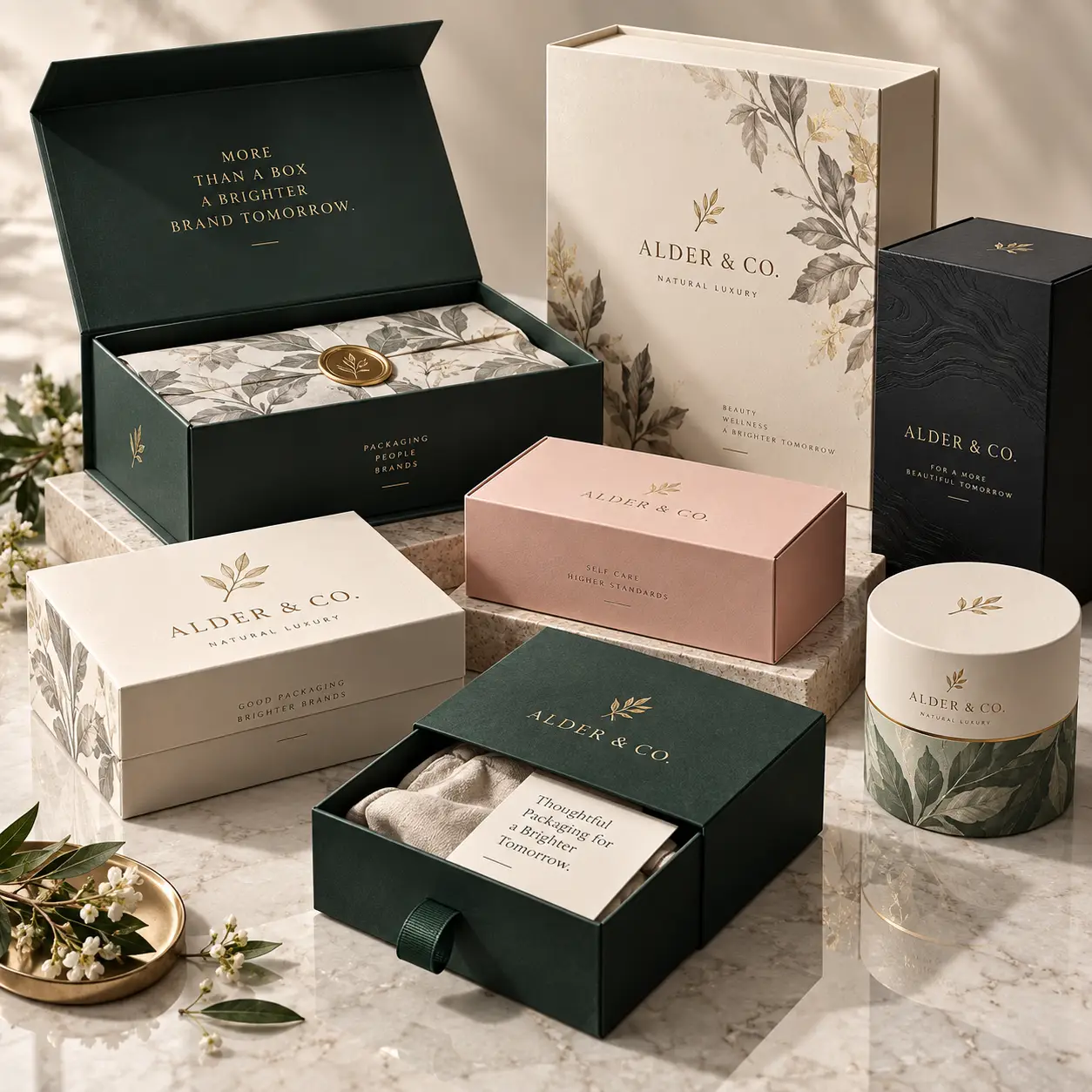 Alder & Co luxury packaging collection featuring green, blush pink, and ivory gift boxes with gold botanical accents on marble
