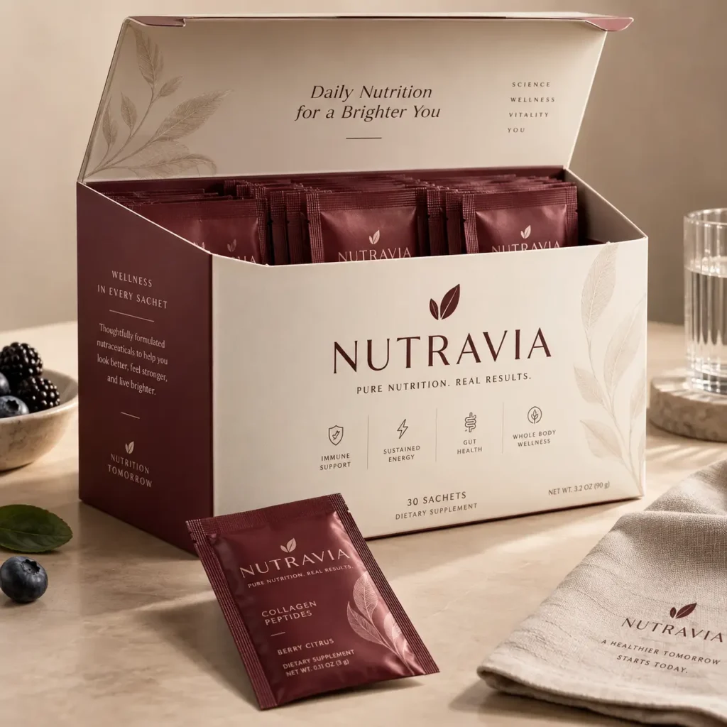 Nutravia collagen peptides supplement box with 30 dark red sachets, berry citrus flavor, elegant cream luxury packaging design