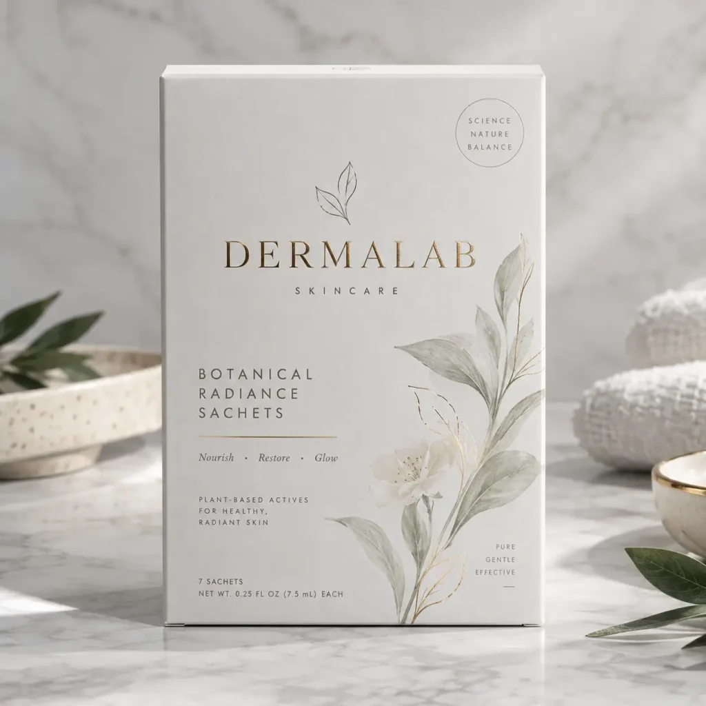 White luxury skincare box Dermalab Botanical Radiance Sachets with gold text, botanical illustration, marble surface styling