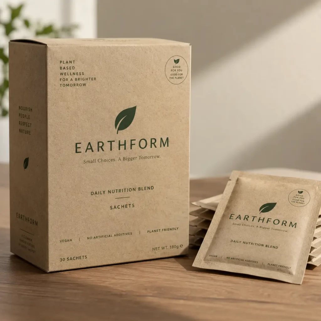 Earthform Daily Nutrition Blend kraft paper box with 30 vegan sachets on wooden surface, eco-friendly sustainable packaging design