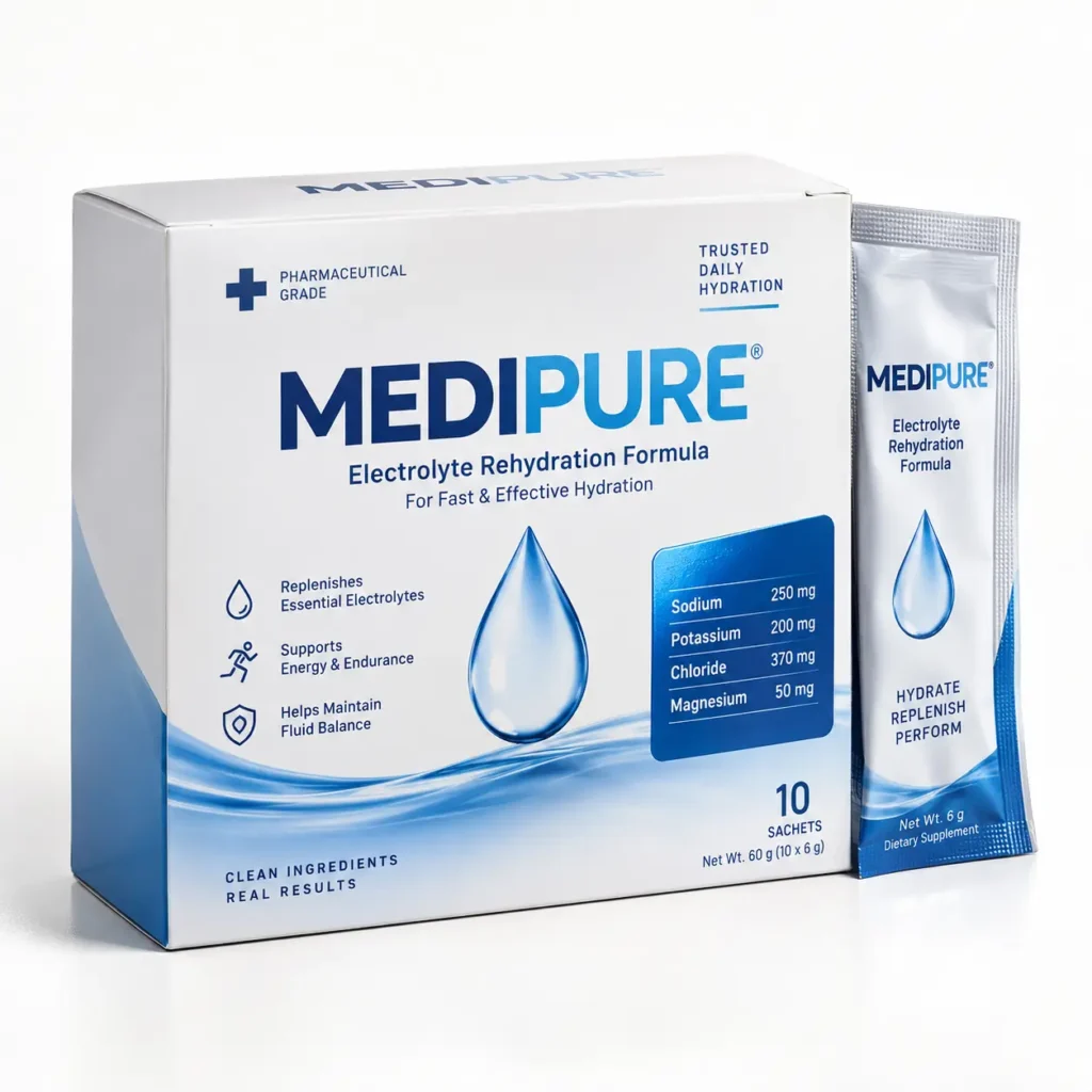 MediPure electrolyte rehydration formula box with sachet, white and blue pharmaceutical grade packaging, 10 sachets, 60g