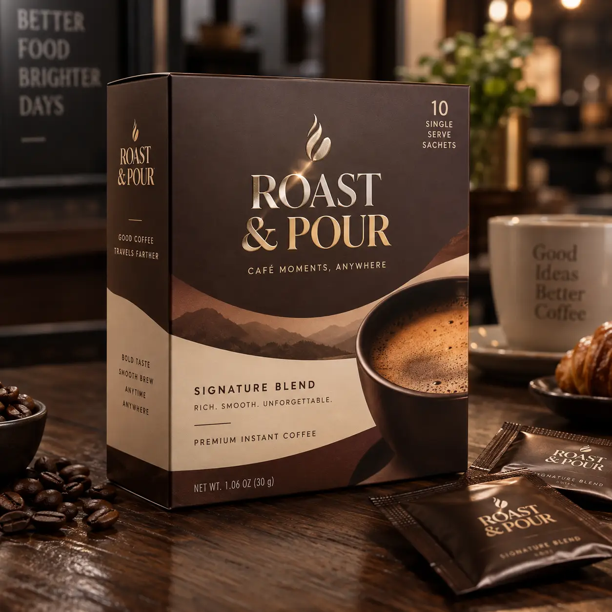 Roast & Pour premium instant coffee packaging, dark brown box with gold branding, 10 single-serve sachets, café ambiance setting