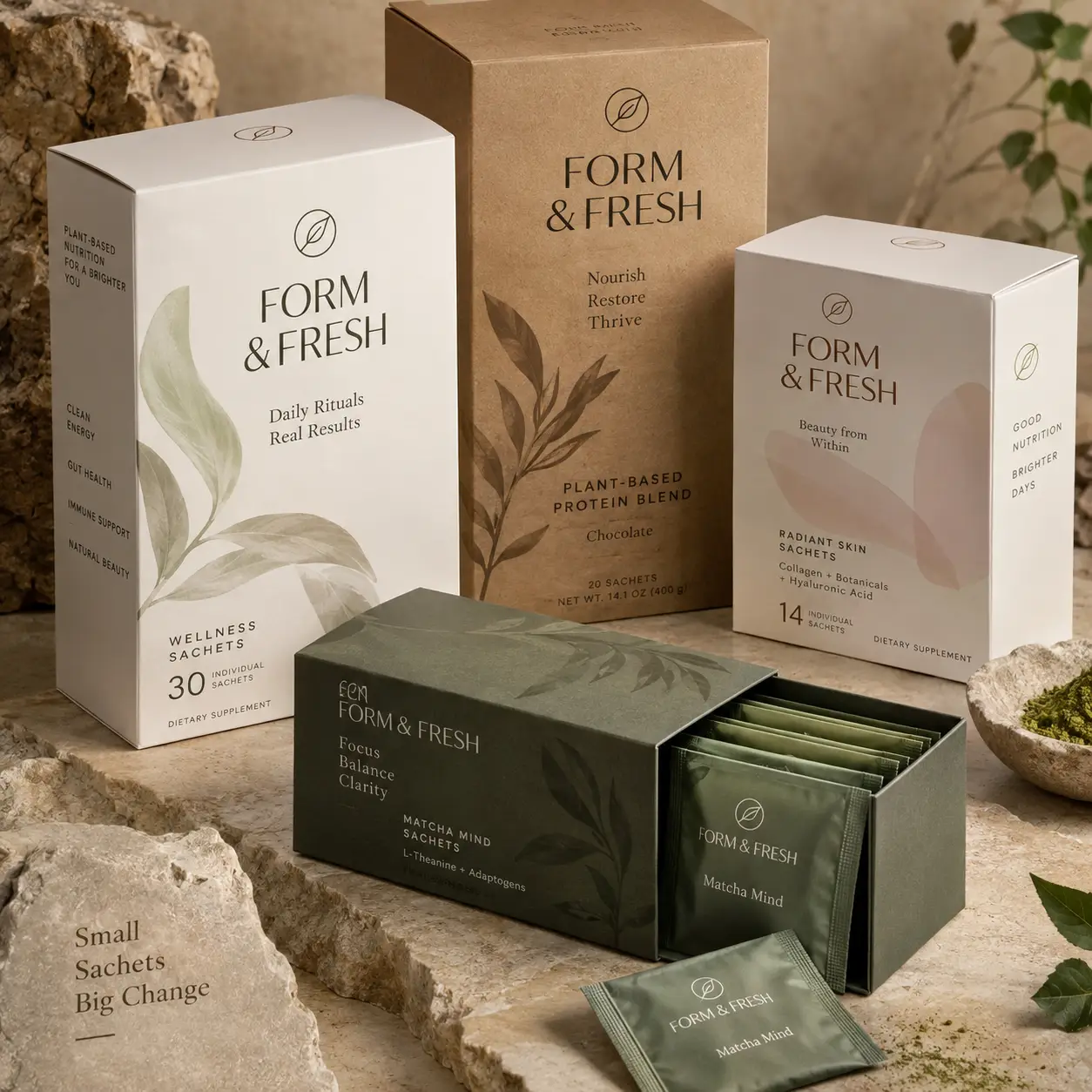Form & Fresh wellness supplement packaging collection featuring matcha mind sachets, plant-based protein, collagen skincare boxes in earthy tones