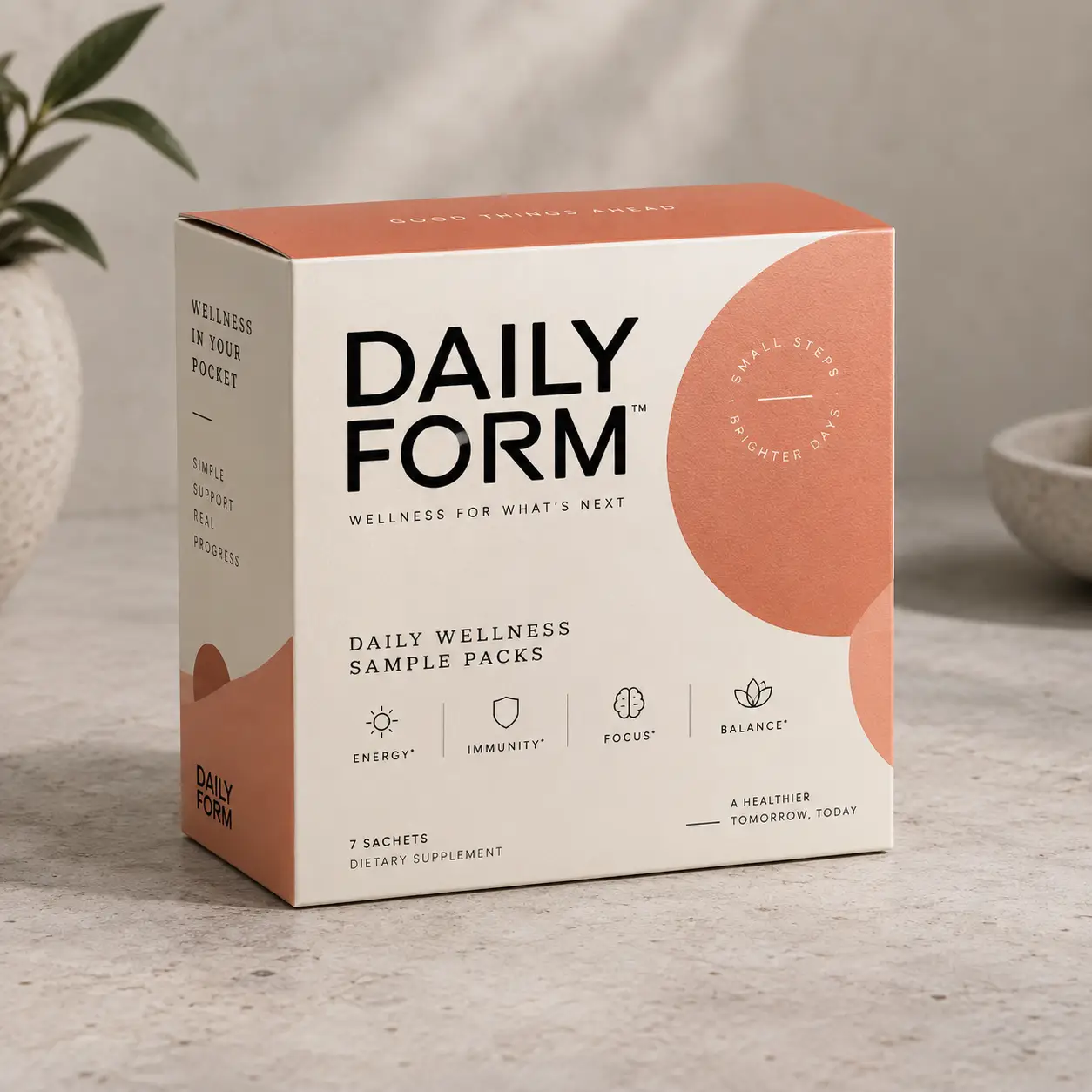 Daily Form wellness supplement sample pack box in terracotta and cream, 7 sachets, energy immunity focus balance, minimal lifestyle packaging design