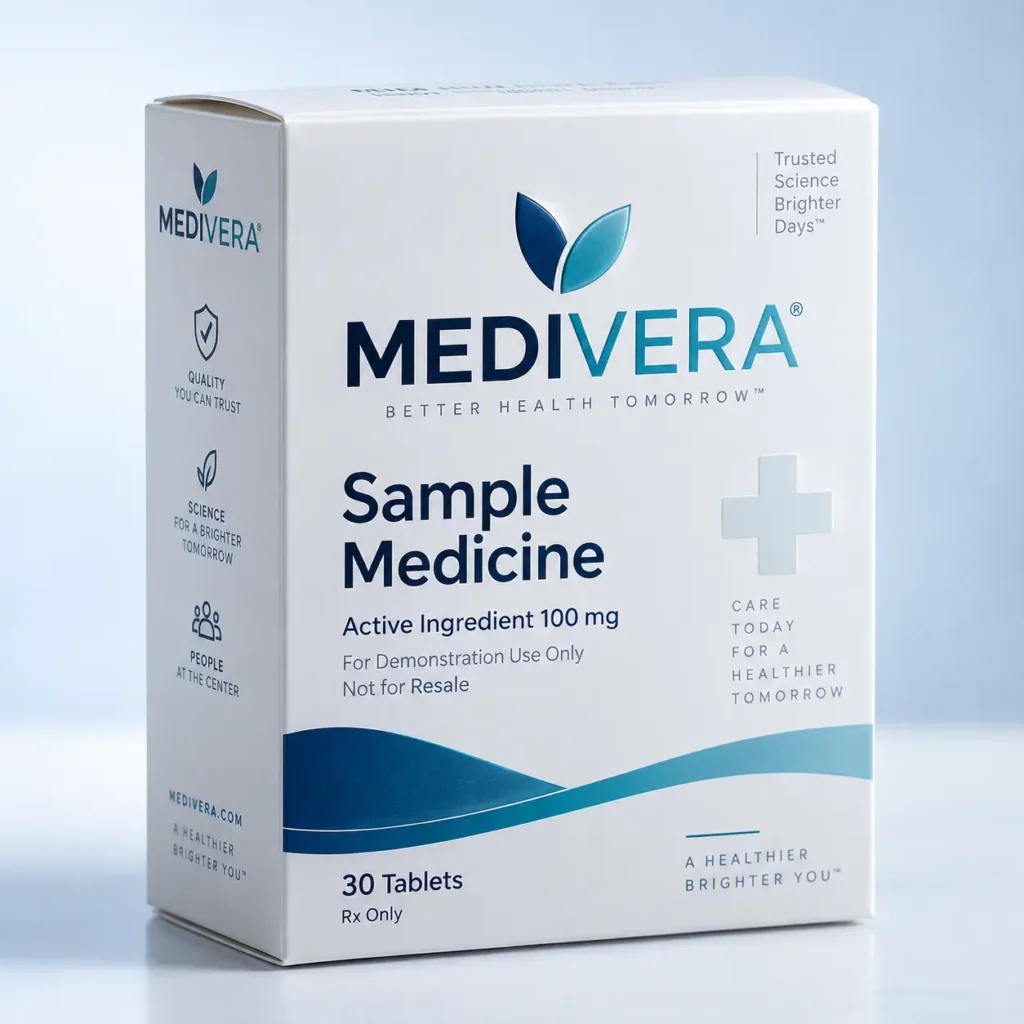 White Medivera pharmaceutical medicine box, 30 tablets, 100mg, blue wave design, sample packaging, Rx only, professional product shot
