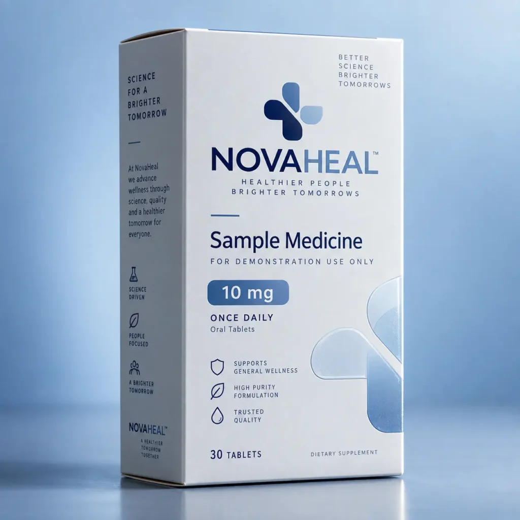White NovaHeal pharmaceutical medicine box, 10mg oral tablets, blue branding, clean minimal product packaging design