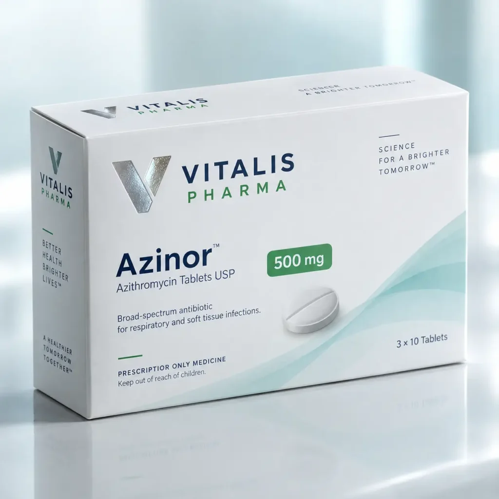 Vitalis Pharma Azinor 500mg Azithromycin white medicine box packaging design, 3x10 tablets, professional pharmaceutical product