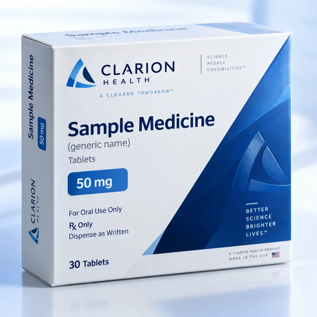 Clarion Health Sample Medicine 50mg prescription tablet box packaging, white and blue pharmaceutical design, 30 tablets, made in USA