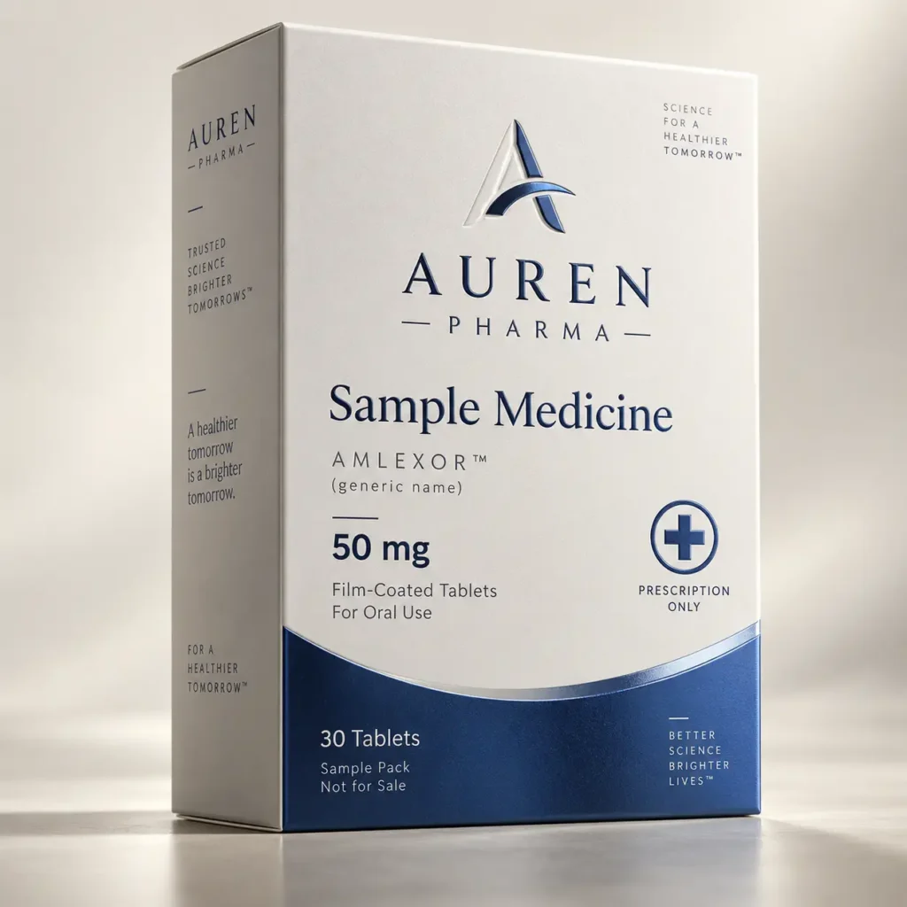 White and navy blue pharmaceutical box packaging for Auren Pharma Sample Medicine 50mg film-coated tablets, professional medical design