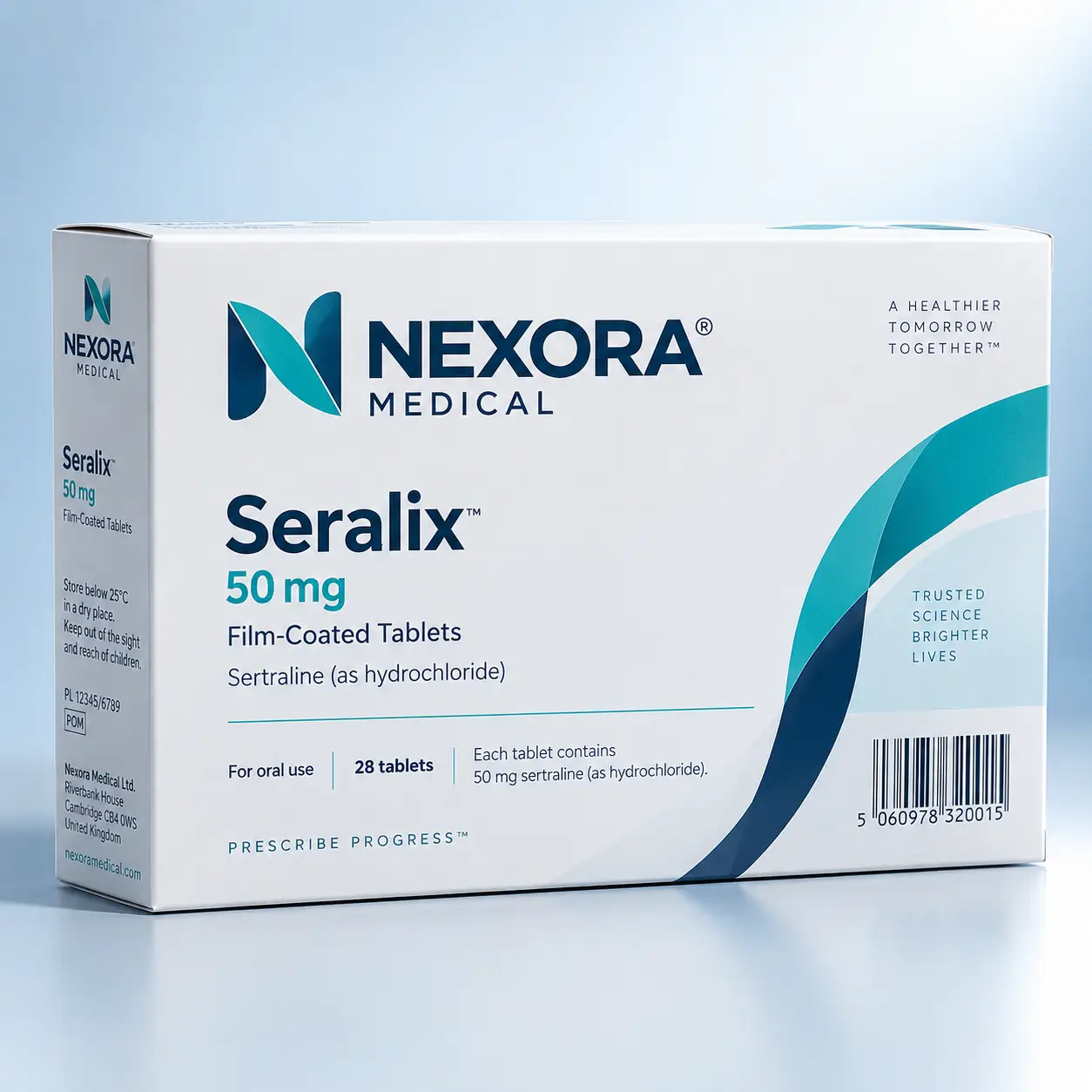 White Seralix 50mg sertraline film-coated tablet box by Nexora Medical, teal branding, 28 tablets, pharmaceutical packaging design