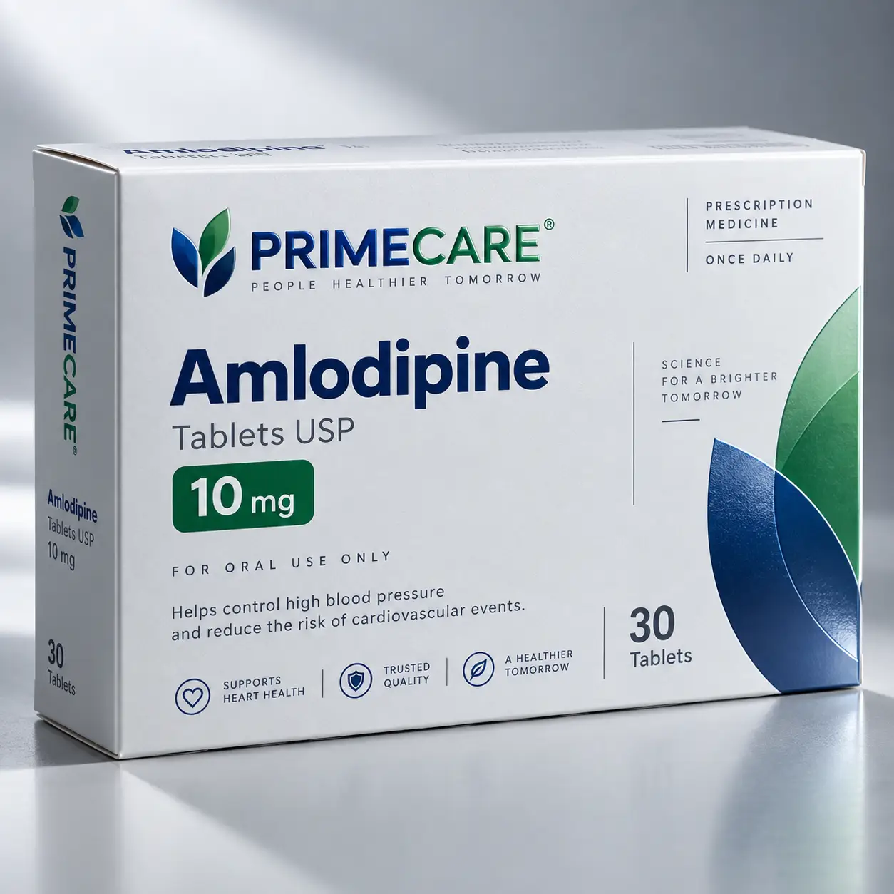 White PrimeCare Amlodipine 10mg prescription medicine box, 30 tablets, pharmaceutical packaging design, blue green branding