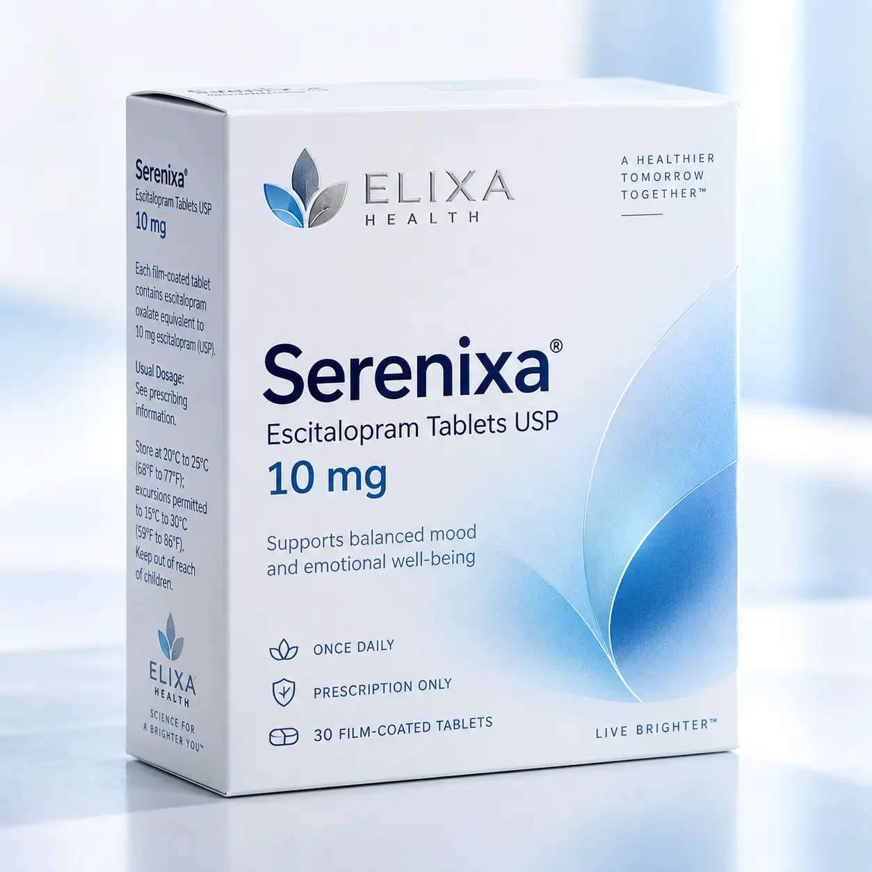 White Serenixa escitalopram 10mg prescription medicine box by Elixa Health with blue accents, professional pharmaceutical packaging design