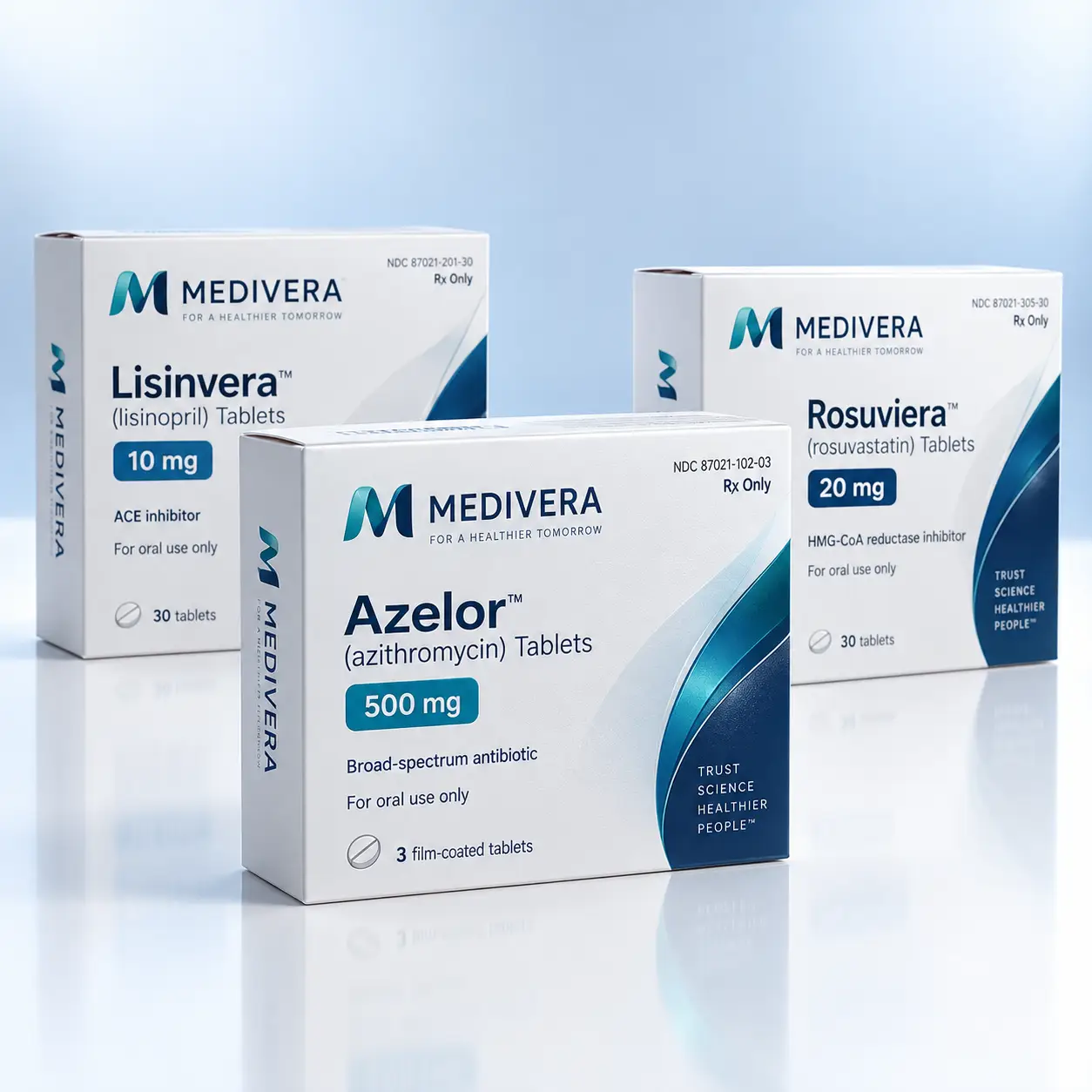 Three white Medivera pharmaceutical medicine boxes — Lisinvera, Azelor, Rosuviera — with teal accents on glossy surface
