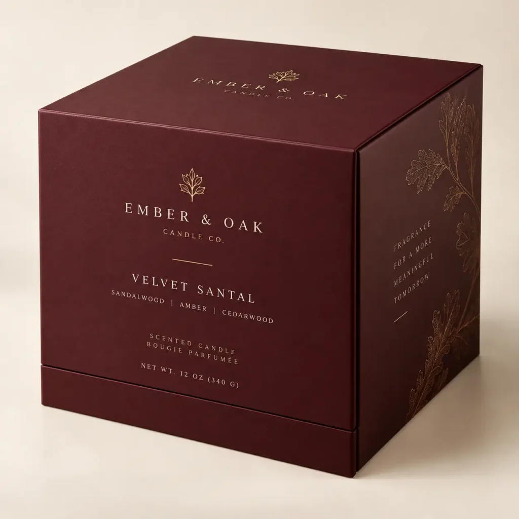Ember & Oak Velvet Santal luxury scented candle box in deep burgundy with gold botanical foil details