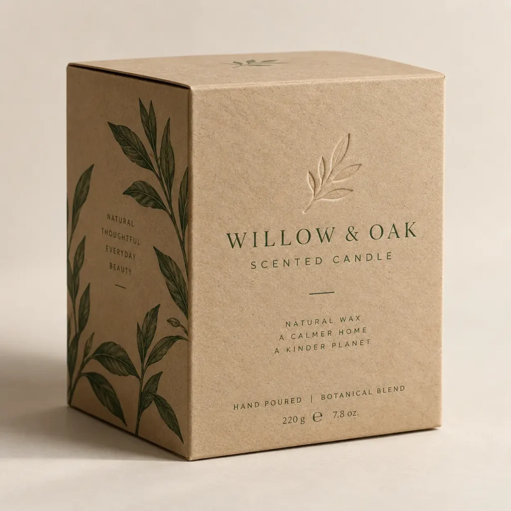 Willow & Oak kraft brown scented candle box with green botanical leaf print, natural eco-friendly luxury candle packaging design