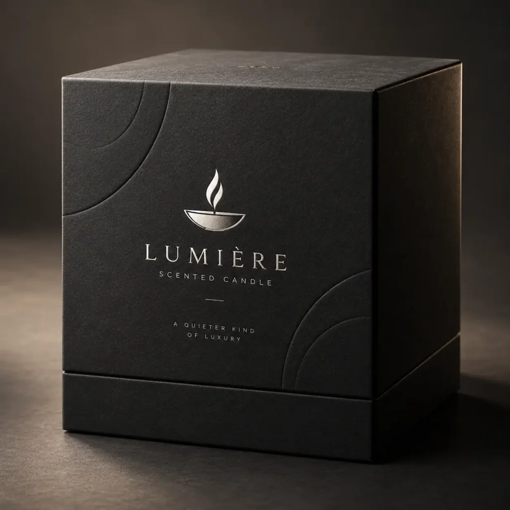 Lumière luxury scented candle black matte rigid box packaging with silver foil logo and elegant minimalist design