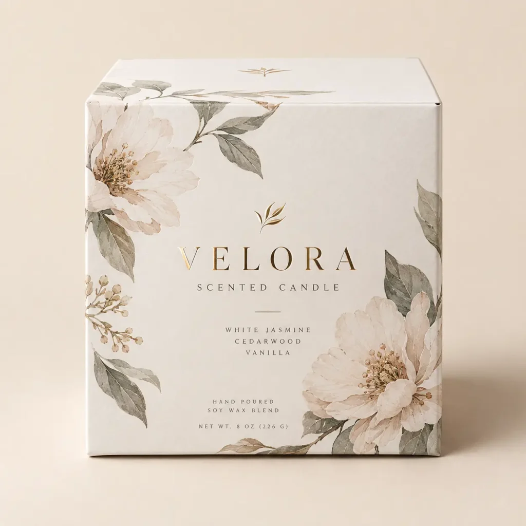 Velora white jasmine cedarwood vanilla scented candle box, elegant floral watercolor packaging, gold foil branding, soy wax blend