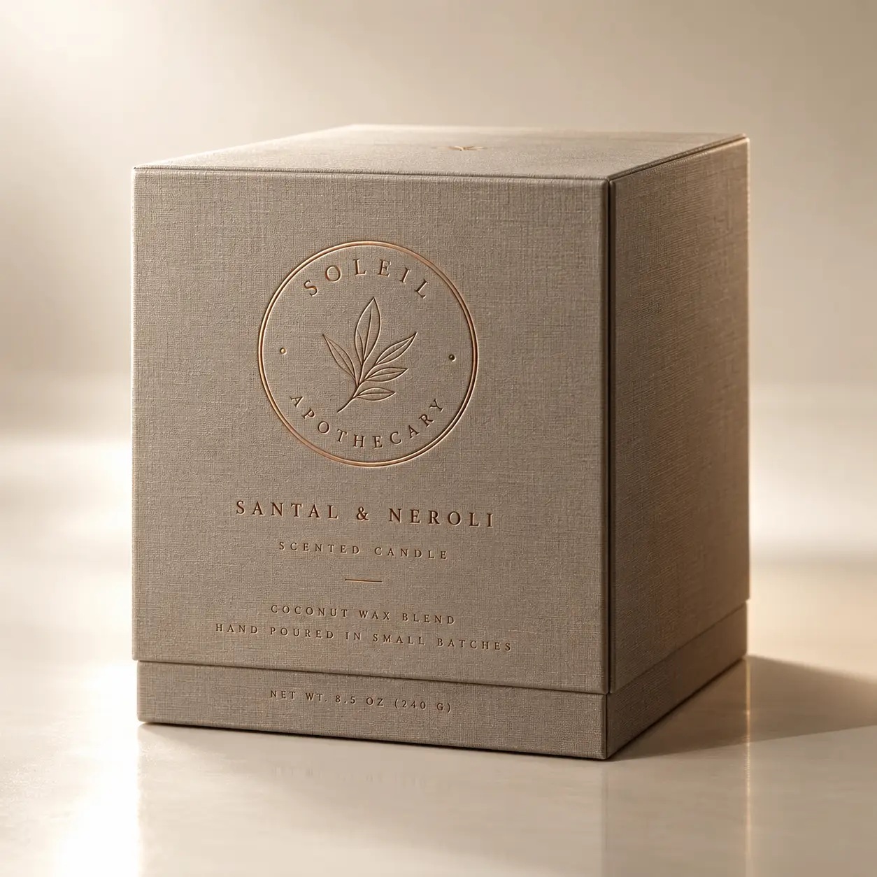 Soleil Apothecary Santal & Neroli luxury scented candle box, taupe linen embossed packaging, coconut wax, elegant gift box design