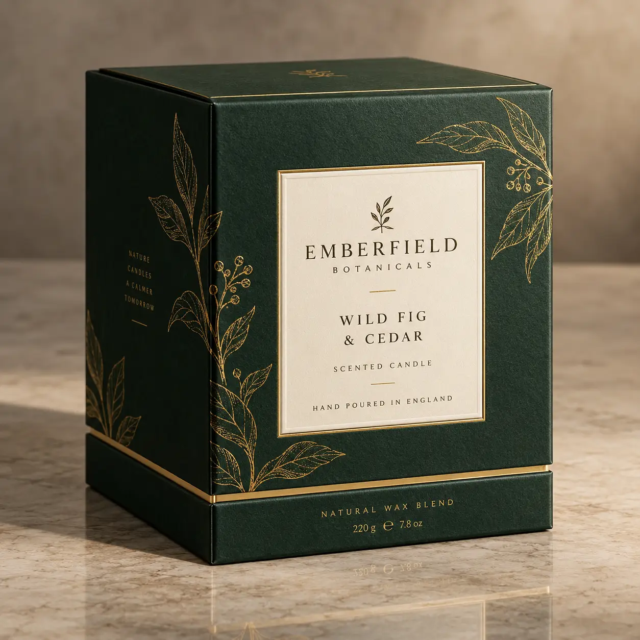 Dark green luxury candle box with gold botanical illustrations for Emberfield Botanicals Wild Fig & Cedar scented candle, 220g