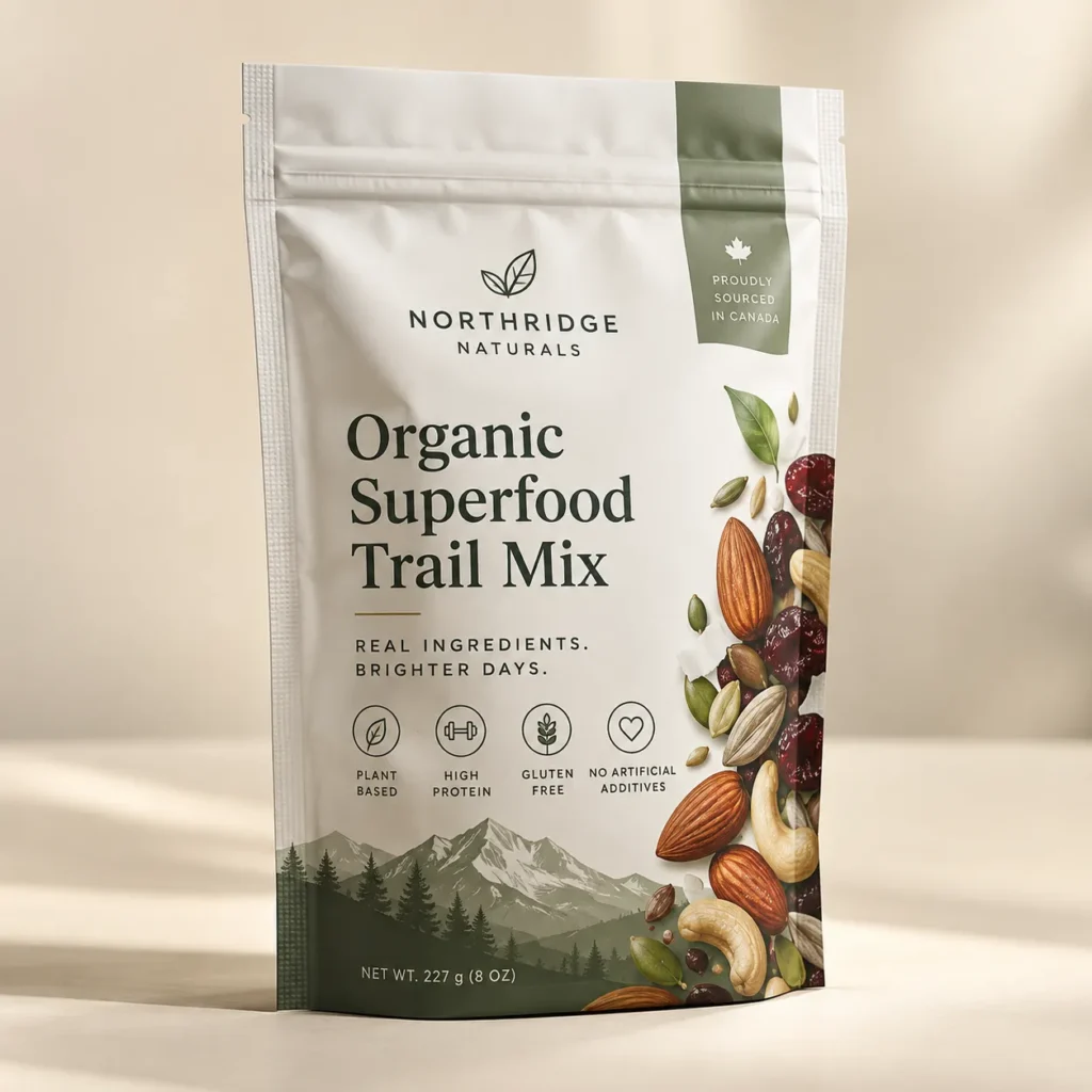 Northridge Naturals Organic Superfood Trail Mix white resealable pouch with nuts, seeds, cranberries, mountain forest design, Canadian sourced