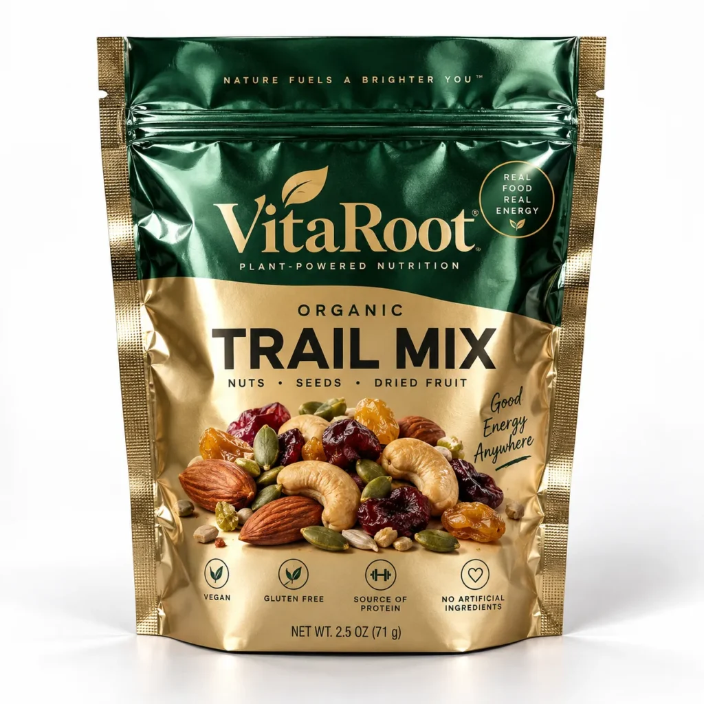 VitaRoot organic trail mix packaging, green gold resealable bag, nuts seeds dried fruit, vegan gluten-free snack, 2.5oz pouch