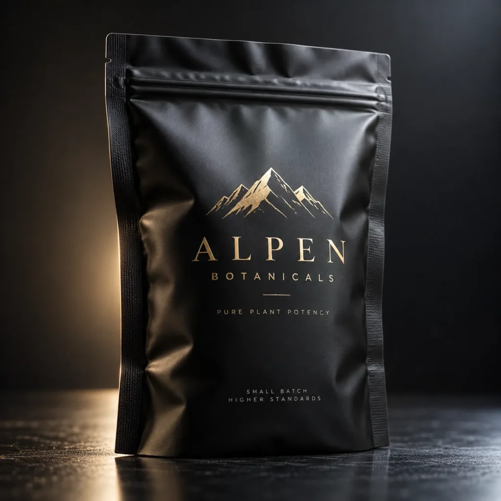 Matte black resealable pouch with gold foil Alpen Botanicals logo and mountain graphic, premium botanical supplement packaging design