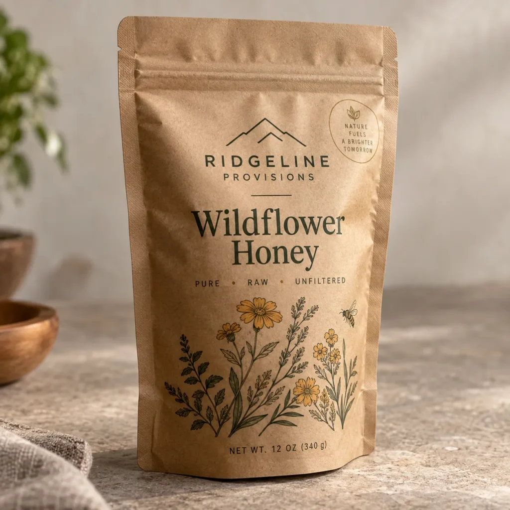 Ridgeline Provisions Wildflower Honey kraft pouch packaging, pure raw unfiltered, botanical wildflower illustration, 12oz natural design